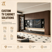 Système mural TV intégré en noyer foncé de luxe avec vitrine en verre fumé noir et éclairage LED pour appartement haut de gamme