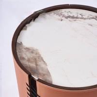 Mesa de Centro Redonda Moderna con Tapa de Mármol y Base de Acero Inoxidable Recubierta de Cuero, Mueble de Lujo para Sala de Estar con Almacenamiento