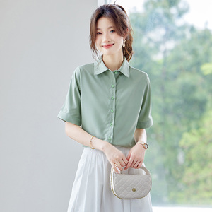 Purple V-neck Chiffon Blouse Women Short Sleeve Lightweight Office Shirt Solid Color Breathable Summer Top - Product Image 2