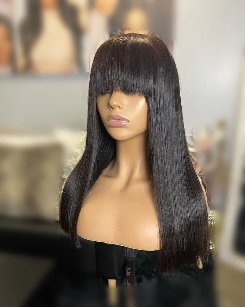 10-40 Inch Natural Color Straight Wig With Bangs 13x4 Lace Front Wig Brazilian Virgin Hair Glueless Human Hair Wig For Women