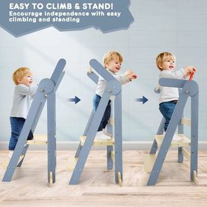 Adjustable Height <b>Folding</b> Modern Learning Tower High-quality Wood Toddler <b>Step</b> <b>Stool</b> Wide Sturdy Non-slip Foot Pad - Product Image 4