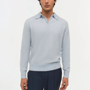 Suéter Polo de Manga Longa Azul Claro para Homens, Com Gola Aberta, Casual, Tricô - Product Image 1