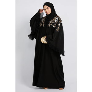 Vestido largo maxi negro de chifón con parches bordados personalizados LEDUO, mangas holgadas, abaya para mujeres musulmanas. - Product Image 1