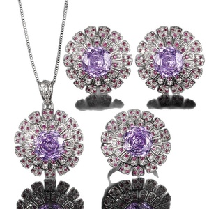 Exquisite Eco-friendly Copper <b>Silver</b> Plated 14-10MM Rose Cut Purple Zircon Floral <b>Necklace</b>, Ring, and Earring <b>Set</b> Jewelry <b>Set</b> Tu - Product Image 2