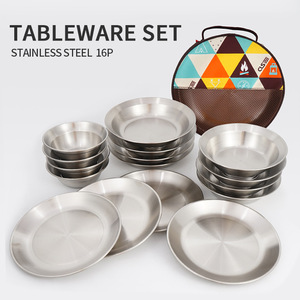 Ensemble de vaisselle en acier inoxydable 16 pièces, vaisselle de camping en plein air, ensemble de plats et de bols portables - Product Image 1