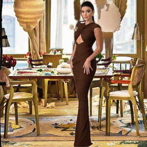 ชุดราตรีทรงเอไลน์สีน้ำตาลวินเทจ ดีไซน์หรูหรา ผ้าระบายอากาศ คอเฉียง โชว์ไหล่ ผ้าโปร่ง แต่งระบาย จับจีบ ทรงพลีท เหมาะสำหรับงานเลี้ยงอย่างเป็นทางการ - Product Image 2