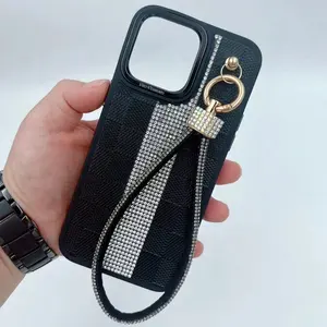 hot sale new trendy patch diamond hand chain kickstand wrist strap mobile phone case for iphone 15 14 13 12 11 pro max plus 7 8