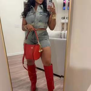 Conjunto de Mezclilla para Mujer, Nuevo, de Alta Calidad, Sexy, Chaqueta Corta sin Mangas, Mini Shorts, Lavado Ácido, Efecto Desgastado - Product Image 4