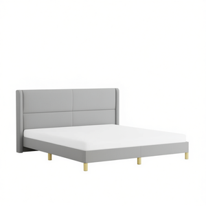 Base de Cama Tapizada con Cabecera en Tela Gris Claro, Diseño Moderno y Minimalista, Tamaño Queen - Product Image 1