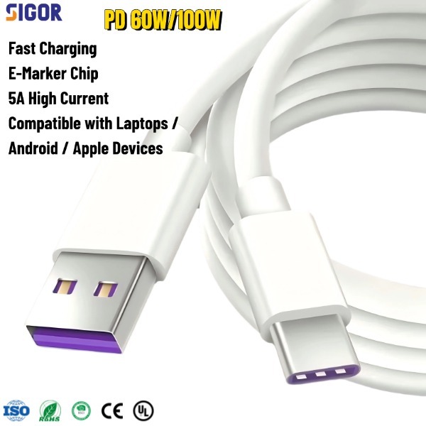 5A Fast Charging Magnetic Type-C USB Cable 1M PD60W/100W E-Marker Chip for Laptop Phone Computer Printer Android Car
