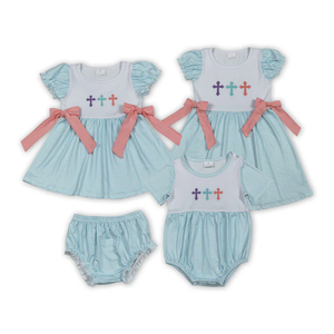 Vêtements assortis pour enfants à l'occasion de Pâques, broderie en croix, imprimé à carreaux bleus, robe pour frères et sœurs - Product Image 1
