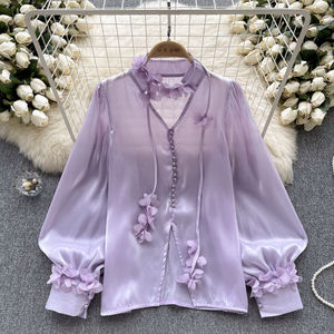 Chemisiers décontractés à manches longues NPF pour femmes, chemises unies respirantes en satin tissé, hauts élégants en gros - Product Image 4