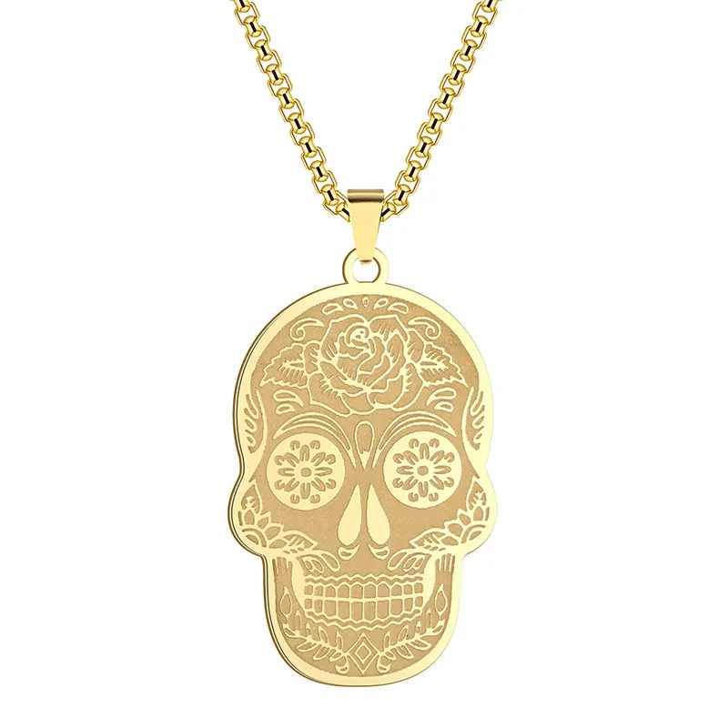 Stainless Steel Sugar Skull Pendant Necklace For Men Punk Rcok Flower Skull Engraved Necklace Party Jewelry Gifts For Men Boys