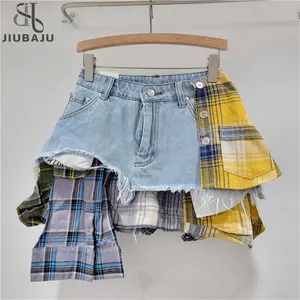 Women Fashion Plaid Denim Patchwork Irregular A-line Mini Skirt 2024 Street Female Jeans Skirts