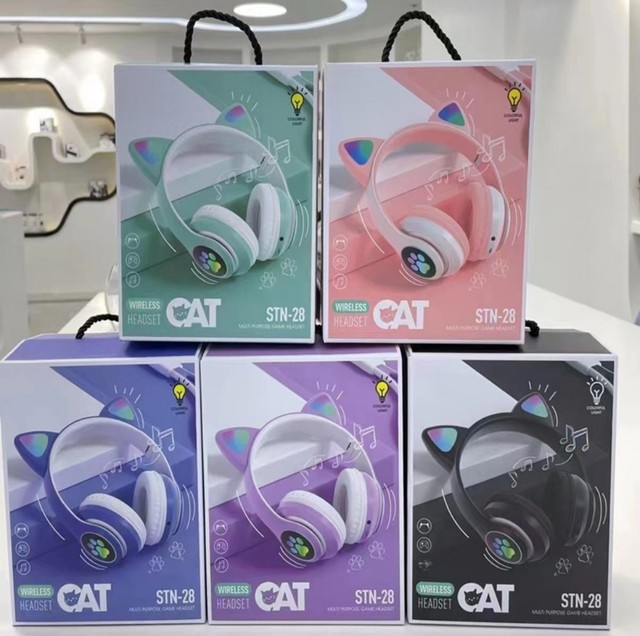 STN-28 Cross-Border Over-Ear 5.0 Headphones Glowing Cat Ears Wireless Active Noise Cancellation Long Battery Life Waterproof