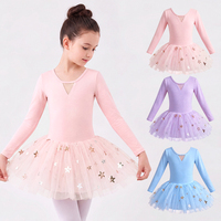 Robe de tutu de ballet pour filles, justaucorps à manches longues avec jupe en tulle à sequins étoiles, nœud au dos, pour performance scénique et entraînement, en spandex