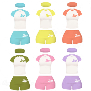 Ensemble Sportif <span class=keywords><strong>Femme</strong></span> 3 Pièces Été 2026 Personnalisé Couleurs Contrastées Manches Courtes avec Bandeau – Shorts et Tenues Mignonnes Tendance - Product Image 1