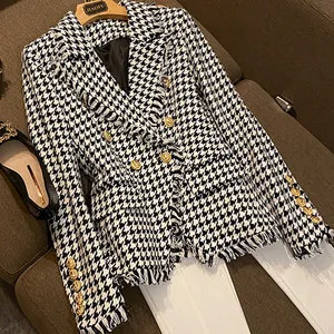 Jaket Kantor Wanita, Retro Hitam Putih Houndstooth Berkancing Ganda Lengan Panjang Wol Kasual