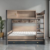 Lit superposé double sur grand lit en chêne anthracite avec tiroir coulissant, rangement, escalier, étagère, échelle, barrière de sécurité, finition grain de bois, mobilier de chambre