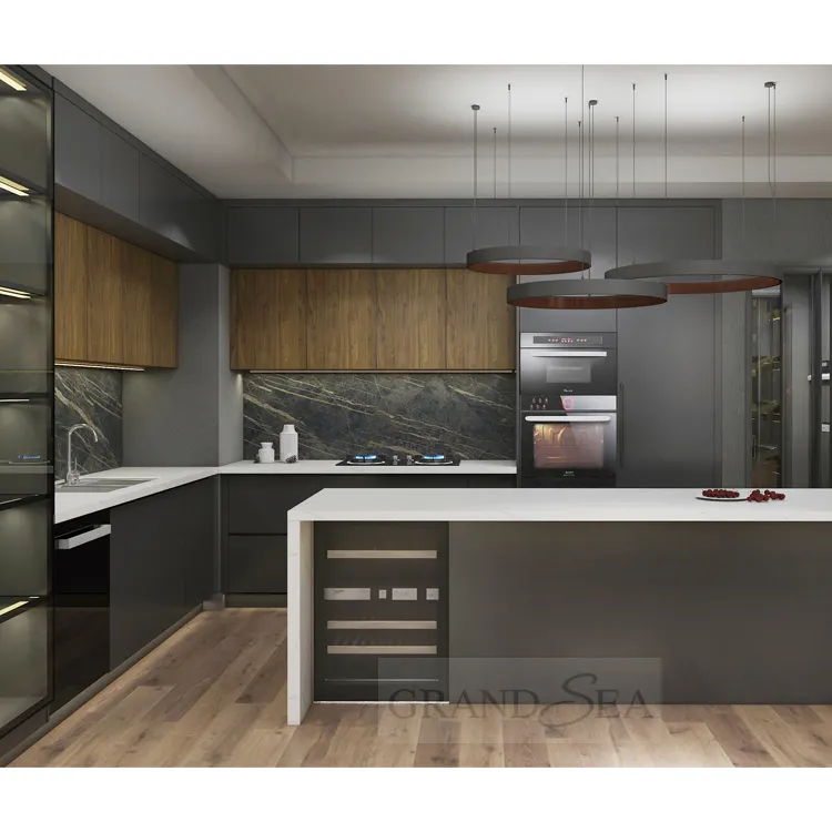 Sang trọng hiện đại tủ bếp tùy chỉnh màu đen và vàng phong cách thiết kế tủ bếp rượu vang đỏ Showcase