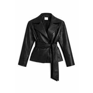 Giacca in <span class=keywords><strong>Pelle</strong></span> Nera Personalizzata da Donna <span class=keywords><strong>con</strong></span> Cintura e Cerniera |   300g Traspirante Casual Slim Fit |   Produttore OEM ODM - Product Image 5