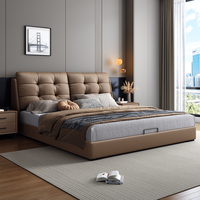 JUNYUHAO Modernes Italienisches Luxus-Lederbett Gepolstert Gesteppt Weiches Bett mit Stauraum Beleuchtet Ergonomischer Kiefernholzrahmen Queen King Größen