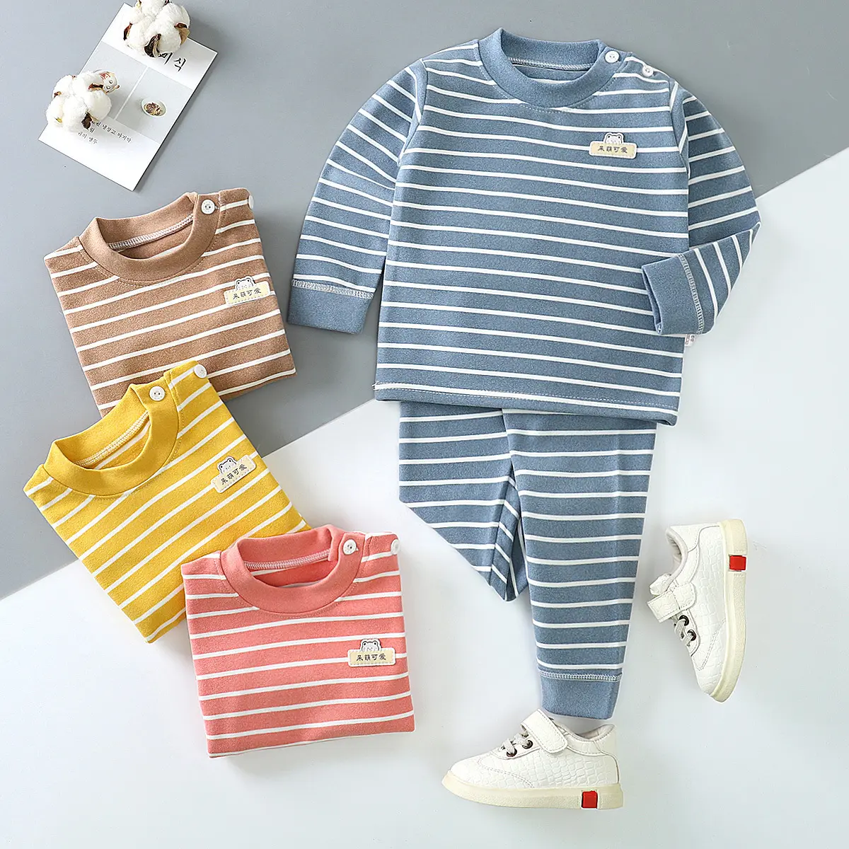 Hongwin Newborn Baby Clothing Sets Summer Long Sleeve Knitted Cotton Tops Boys Girls Outfits 2 Pieces Baby Clothing