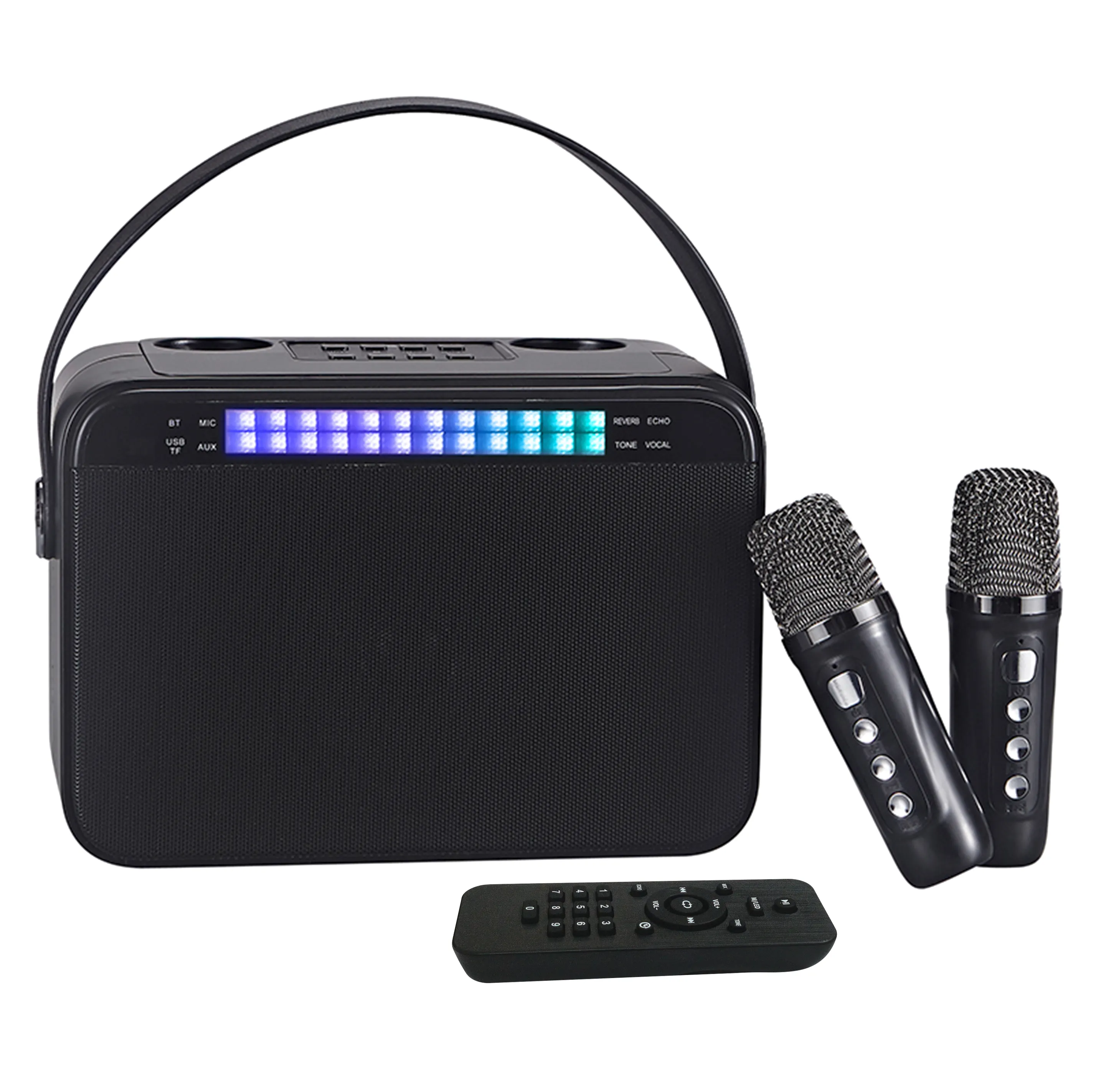 Microphone Bluetooth sans fil avec télécommande Haut-parleur portable style machine karaoké pour enfants lumière LED colorée