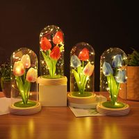 Tulipán Artificial Iluminado en Cúpula de Cristal, Girasoles Artificiales en Cúpula de Cristal con Tira de LED, Rosa Preservada en Cúpula de Cristal