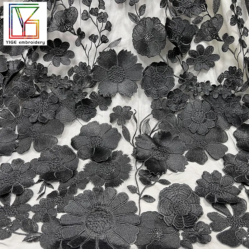 fashion african Mesh black applique lace fabric bridal Dress Polyester tulle fabrics 3d flower embroidery lace fabric