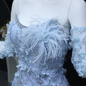 Elegante Abito <span class=keywords><strong>da</strong></span> Sera Blu con Fiori 3D e Piume Stile Sirena con Maniche Rosa per Matrimoni e Feste Lsz342-1 - Product Image 4