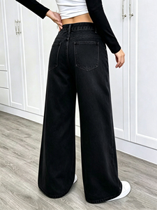Women High Waist <strong>Black</strong> Washed Ripped <strong>Wide</strong> <strong>Leg</strong> Jeans Gothic Letter Patch Distressed Fringe Denim <strong>Trousers</strong> - Product Image 6
