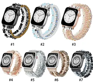 Creative Trendy Pearl Chain Crystal Agate Smartwatch Strap For Apple Watch 9 Stainless Steel Wristband