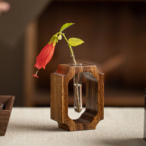 Walnut Wood Transparent Glass <b>Vase</b> <b>Mini</b> Solid Wood Flower Holder For Fresh Flowers Desktop Ornament Japandi Style - Product Image 2