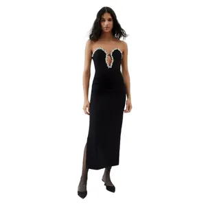 2024 New Customized Elegant Black Tight Deep V Strapless Rhinestone Design Women's Evening Dresses