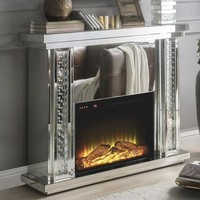 Miroir de cheminée à cadre en diamant écrasé, cheminée électrique avec télécommande, flamme 3D murale