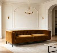 Canapé Chesterfield moderne à trois places en tissu avec pieds en bois, meubles de salon confortables et luxueux