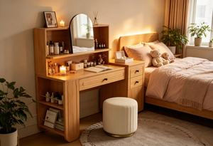 Scandinavian Beech Wood Makeup <b>Vanity</b> With Flip Top <b>Mirror</b> Storage Cabinet Bedroom Dressing <b>Table</b> - Product Image 6