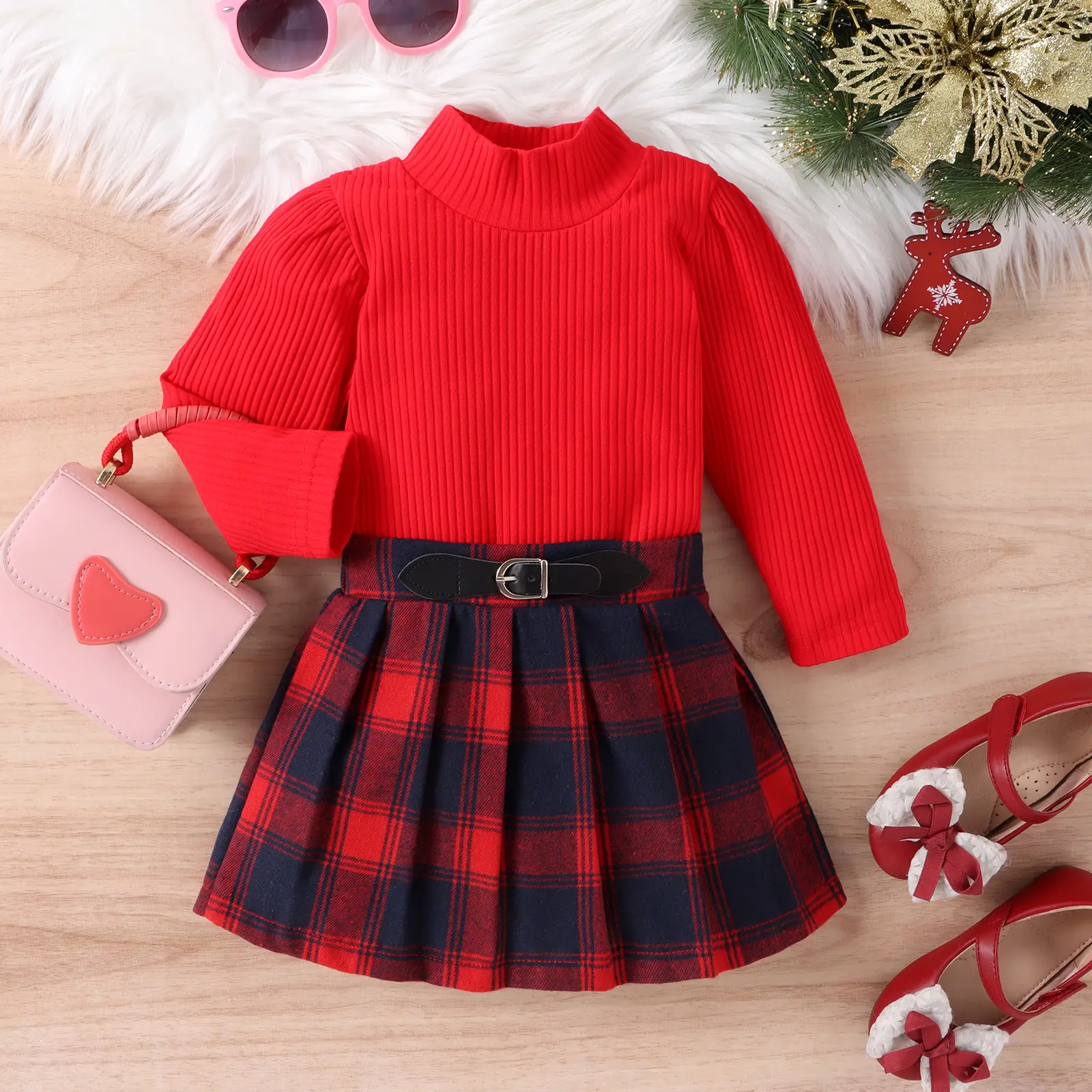 Herbst Mädchen Weihnachten Kleidung Set Kinder rot Langarmhemd Plaid Röcke 2pcs Outfit