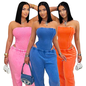 Y1435 Wholesale Fashion Washed, Worn, <strong>Strapless</strong>, Slim Fit, <strong>Loose</strong> <strong>Fitting</strong>, Foot Binding Two-piece Set - Product Image 1