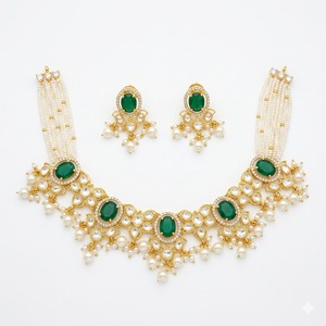 Conjunto de Collar de Perlas y Esmeraldas de Plata 925 de Lujo, Joyería de Novia de Diseño, Aretes Tradicionales para Mujer, Colección - Product Image 1