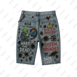 Pantalones cortos de mezclilla elásticos de punto para hombre, de cintura media, estilo Hip Hop, con aplique de bordado de pedrería personalizado, dobladillo sin rematar, efecto desgastado y descolorido por el sol - Product Image 3