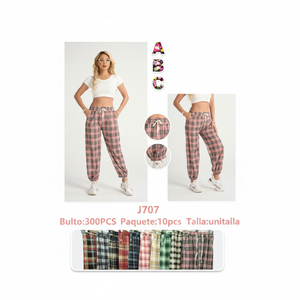 J707 Pantaloni Harem da Donna in Flanella a Quadri, Vita Alta, Vestibilità Ampia, Lunghezza Intera, con Coulisse, Casual, in Cotone, per Autunno, con Tasche - Product Image 1