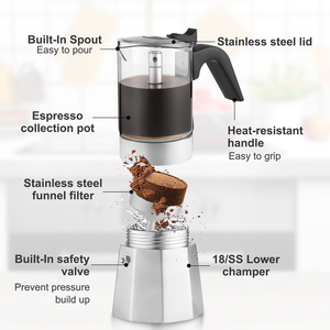 Caffettiera Moka Italiana Moderna in Acciaio Inox e Vetro Borosilicato con Manico in Nylon - Product Image 4