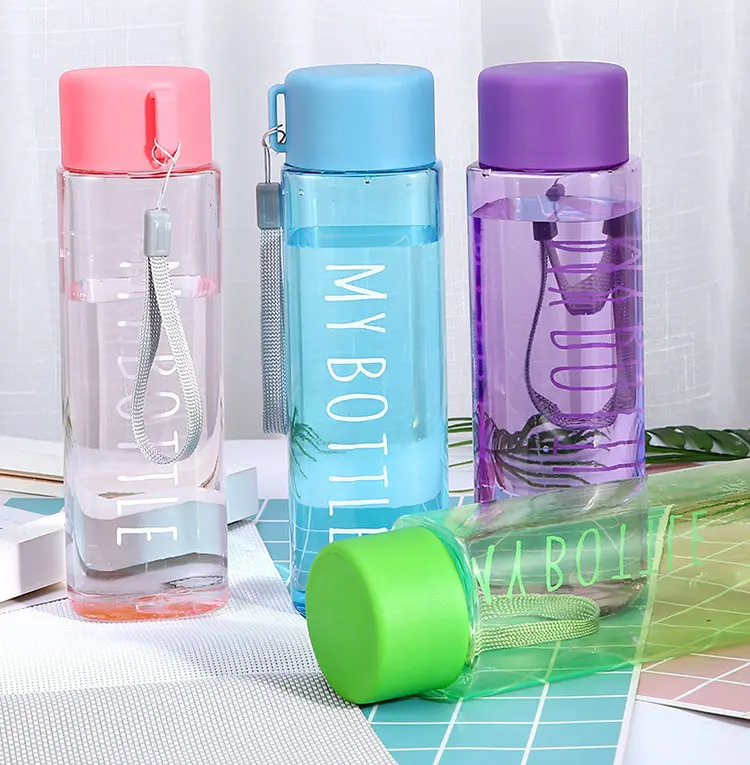 Популярные студенческие бутылки для воды 500 мл, уличная бутылка для питья, без Bpa, пластиковая бутылка с круглой крышкой и веревкой
