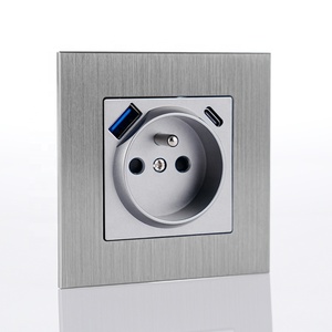 Puerto USB europeo Enchufe doméstico Panel de aluminio cepillado Enchufe francés con carga rápida PD20W Tipo A + C USB - Product Image 6
