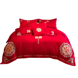 高档婚礼床上用品四件套，房间床单和被套，嫁妆，亮红色 - Product Image 1