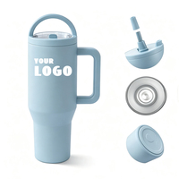Nouveau modèle de gobelet isotherme en acier inoxydable à double paroi de 1200 ml (40 oz) bleu clair, anti-fuite, avec poignée et paille rabattable