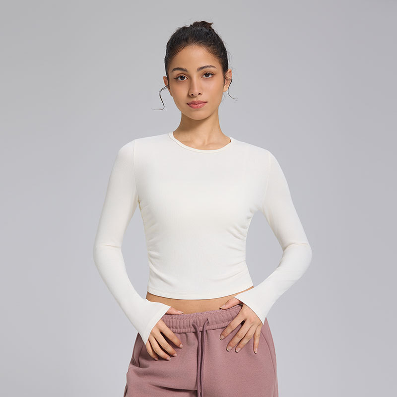 Customized Logo Long Sleeve Women's Long Sleeves T-Shirts Trending Summer Casual Wear Side Wrinkle Design Yoga Wear