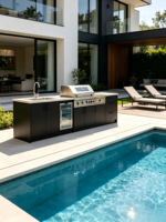 Cuisine extérieure préfabriquée en acier inoxydable écologique avec toit à baldaquin, brûleur à gaz et réfrigérateur à boissons pour mobilier de patio et de jardin